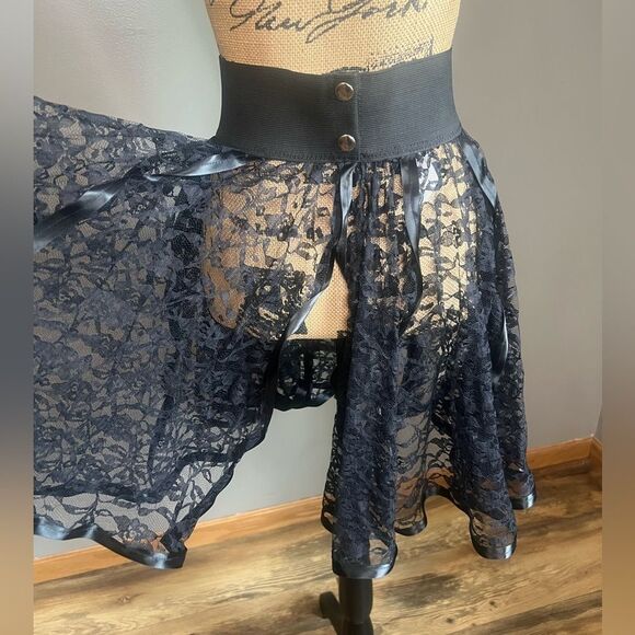 Vintage black tulle floral lace satin ribbon pleated bubble mini skirt Goth - Picture 6 of 12